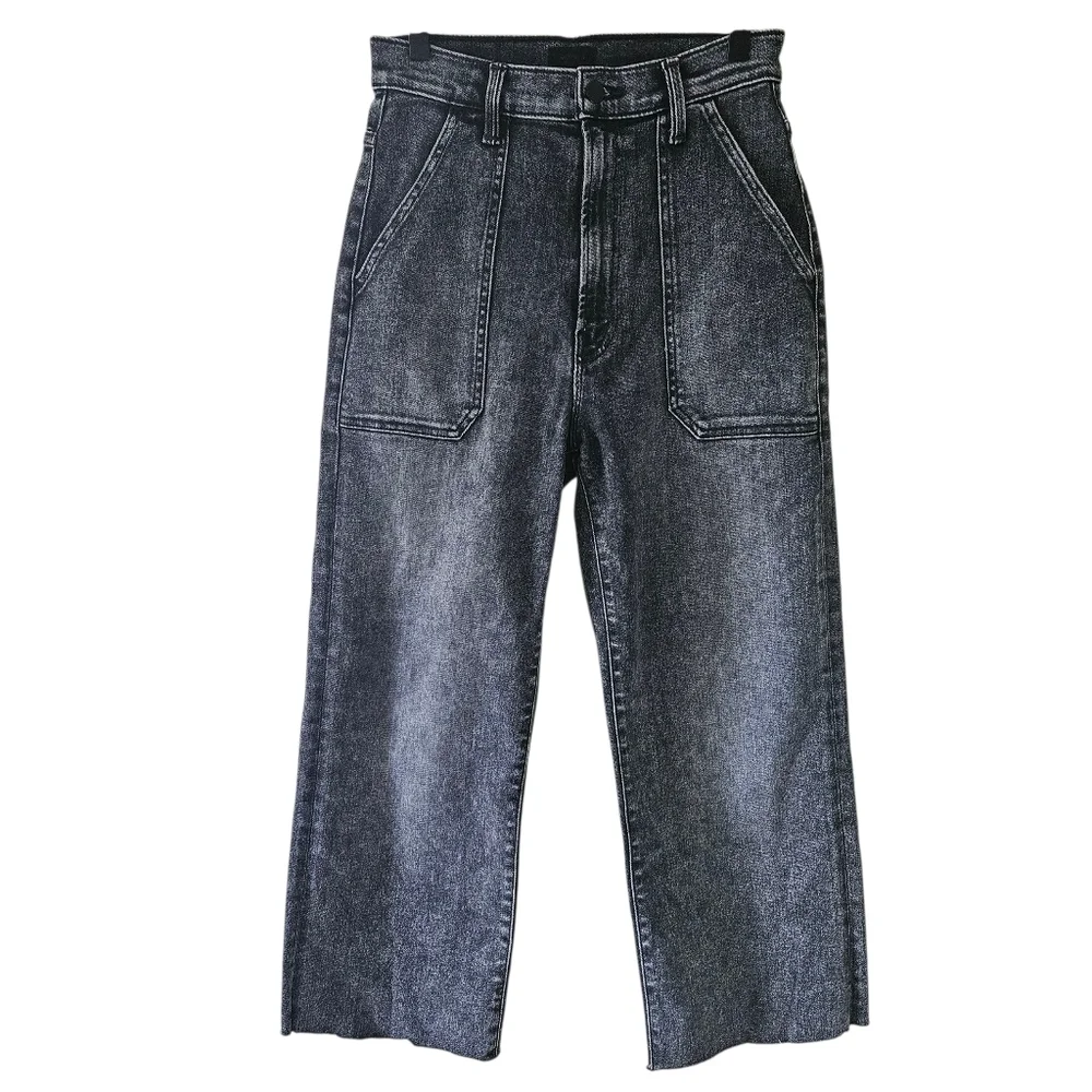 Mother Black Dark Wash Wide Leg Cropped Jeans